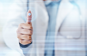 Image showing Doctor, thumbs up or fingerprint scan of dna, healthcare data or medical profile on fintech, futuristic or hospital hologram. Hand, nurse or woman for abstract future cybersecurity UX software touch