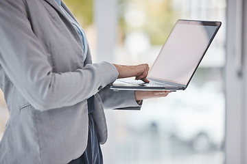 Image showing Hands, corporate or employee with laptop for investment schedule, calendar or stock market trading in office. Finance, thinking or networking tech for budget planning cryptocurrency on software app