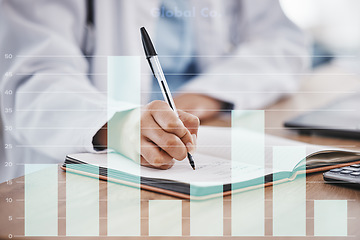 Image showing Doctor writing, chart overlay or hands for prescription, medical result, report or insurance in hospital office. Medicine, notebook or healthcare worker for planning, research or survey data analysis