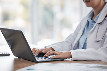 Image showing Doctor hands, search or woman on laptop for medical research, medicine or healthcare data analysis review in hospital. Nurse, wellness or worker on tech for insurance news, science or pills study