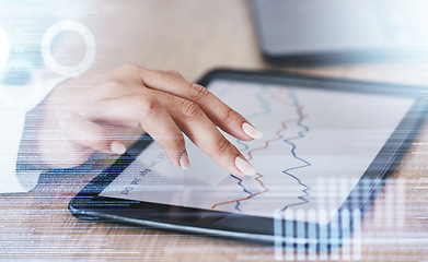 Image showing Tablet, charts or overlay hand for investment schedule, calendar or stock market trading management. Finance worker or zoom mobile networking technology in budget planning cryptocurrency software app