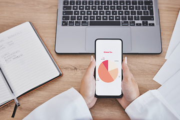 Image showing Phone, charts or hands for investment schedule, calendar or stock market trading management. Finance growth, girl worker or smartphone networking tech in budget planning cryptocurrency software app