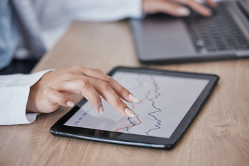 Image showing Tablet, charts or zoom of hand for investment schedule, calendar or stock market trading management. Finance worker or mobile networking technology in budget planning cryptocurrency software app