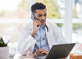 Image showing Phone call, office or confused doctor man in hospital for communication, financial healthcare advice or insurance. Question, finance or medical employee on smartphone for compliance, policy or trust