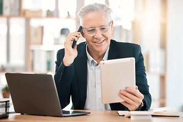 Image showing Laptop, phone call and senior businessman with tablet working online, reading email and internet research. Digital tech, communication and ceo on smartphone for network, conversation and talking