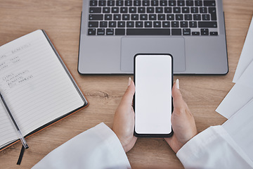 Image showing Green screen, data analysis or doctors hands with phone for medical research, medicine or healthcare data analysis review. Nurse, wellness or worker on tech for insurance news or science mockup space