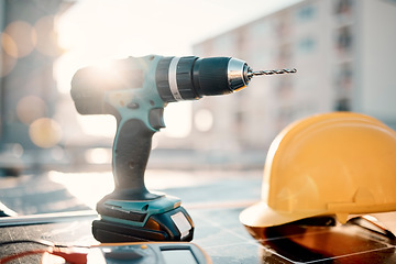 Image showing Solar panel maintenance, tools and city with helmet, sunshine or renewable energy vision by blurred background Photovoltaic technology goals, sustainability or eco friendly electricity tech by drill