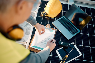 Image showing Solar panels, planning and engineering hands with technology, checklist or insurance for installation. Energy saving, electricity and power technician with laptop, tools and maintenance management