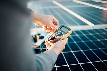 Image showing Solar panels, multimeter and engineering hands for voltage check, installation or maintenance. Sustainability, eco friendly or energy saving technology, contractor inspection or troubleshooting tools