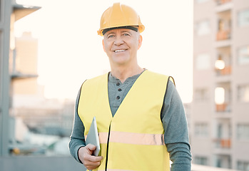 Image showing Construction, tablet and portrait of old man in city with vision, planning and ideas for property development. Engineering, architecture and face of builder, maintenance worker and contractor smile