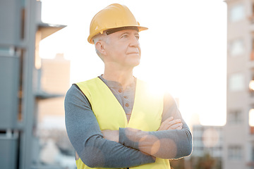 Image showing Construction worker, old man thinking and architecture vision with building industry and leader outdoor. Property development, renovation with helmet for safety and contractor at site with ideas