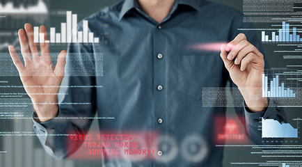 Image showing Cyber security, hacker and hands of man and coding for software, augmented reality and phishing. Cloud computing, matrix and website with programmer for password, technology and data hacking