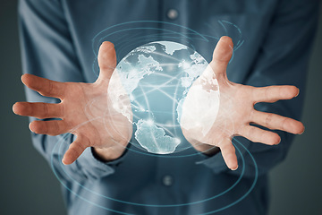 Image showing Future, communication and globe with hands of businessman for digital transformation, social media and internet. Networking, database and hologram with employee and world for technology, cyber and 3d