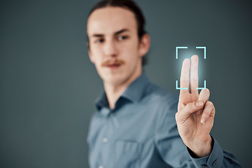 Image showing Password, security and fingerprint scan with businessman for future, data and safety mockup. Technology, innovation and digital transformation with employee and biometric hologram for identification