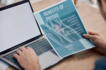 Image showing Man, hands and laptop with screen on mockup for physiotherapy research, typing or search on table. Hand of male searching online for remedy, pain relief or therapist advice on computer display