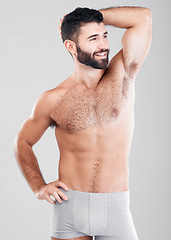 Image showing Fitness, body and strong man in underwear for exercise, weight loss and wellness on a studio background. Aesthetic person for health, motivation and stomach or sexy muscle growth on healthy diet