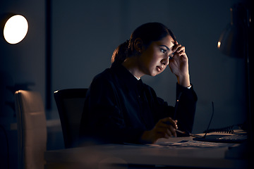 Image showing Stress, night and business woman on computer working on project, planning and strategy deadline. Burnout, mental health and female worker thinking in dark office with headache, tired and overworked