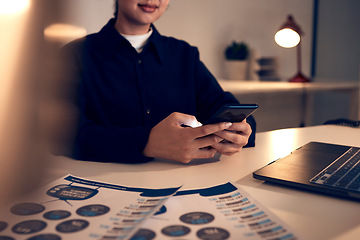 Image showing Business woman, hands and phone in office for texting, web browsing or social media. Technology, cellphone and female employee with mobile smartphone for networking or internet scrolling at night.