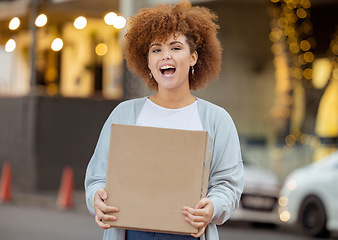 Image showing Happy, box and delivery with portrait of black woman in city for ecommerce, logistics and supply chain. Gift, online shopping and sale with customer and package for shipping, product and post