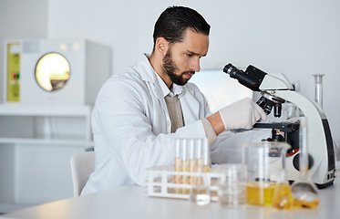 Image showing Science, microscope and laboratory with a doctor man at work for research, innovation or development. Medical, analytics and biotechnology with a male scientist working in a lab for breakthrough