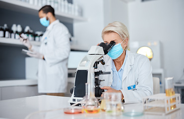 Image showing Microscope, face mask and science woman for medical analysis, virus or bacteria research in laboratory. Covid vaccine, pharmaceutical and biotechnology people, professional expert or scientist