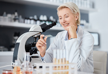 Image showing Microscope slide, laboratory and science woman medical research of chemical, particles or medicine test. Biotechnology, vaccine solution or pharmaceutical study with expert or scientist person smile