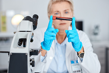 Image showing Senior woman, doctor and hands with blood test, vial or sample for scientific research, testing or exam in a lab. Elderly female scientist or medical expert holding DNA for science at laboratory