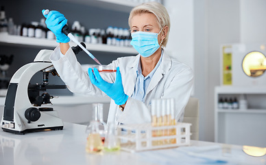 Image showing Woman, doctor and micro pipette with mask for experiment, sample or covid testing in scientific research or exam in lab. Female scientist or medical expert working with chemical in science laboratory