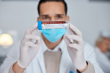 Image showing Man, doctor and hands with blood sample, vial or tube for scientific research, testing or exam in lab. Male scientist or medical expert with mask and gloves holding DNA for science test at laboratory