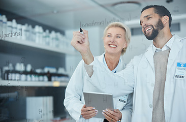 Image showing Science, collaboration and woman with man brainstorming, writing on glass wall in lab with innovation and analytics. Scientist in laboratory, medical research ideas with vision in future vaccine data