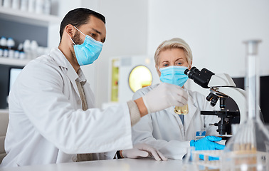 Image showing Research, glass beaker and scientists working in laboratory for medical cure or vaccine. Innovation, teamwork and team of professional scientific experts with face mask in pharmaceutical science lab.