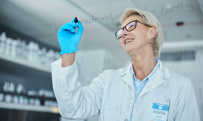 Image showing Science, woman brainstorming and writing on glass in lab, innovation, formula and analytics. Happy scientist in laboratory with research ideas, planning and strategy with vision in future vaccine.