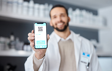 Image showing Screen, phone and science man with test results, QR code and drugs, virus or medical research in laboratory. Smartphone, mobile app ux and negative feedback of online scientist or doctor data review