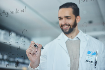 Image showing Science, medical research and man writing on glass in lab, innovation, formula and analytics. Happy scientist in laboratory with ideas, planning and strategy in future vaccine manufacturing data.