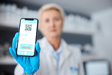 Image showing QR code, monkeypox and doctor with a phone for results, positive barcode and healthcare email. Virus, sick and hands of a medical worker holding a mobile with information about an illness on a screen