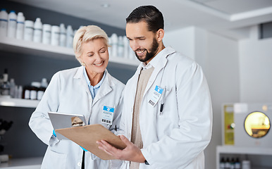 Image showing Science, research and team with clipboard and tablet in laboratory for analytics, medical report and checklist. Pharmacy, healthcare and scientists write notes for data analysis, results and study