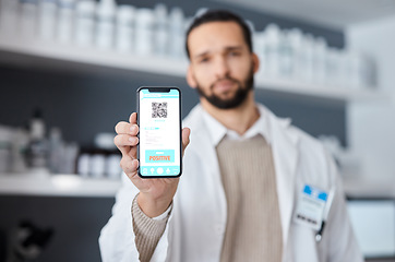 Image showing Phone, QR code and doctor man with science test, drugs results or medical virus, research report in laboratory. Smartphone, mobile app ux and positive feedback, online scientist or person data screen