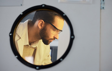 Image showing Scientist, man with incubator and science research with medical study, biotechnology or ivf with innovation. Scientific experiment in laboratory, test sample storage and doctor face with researcher