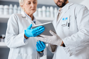 Image showing Science, research and team with tablet in laboratory for tests results, medical report and study. Health, biotechnology and scientists with digital tech for data analysis, investigation and analytics