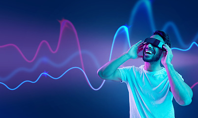 Image showing Future, sound wave or happy man in metaverse on purple background gaming, cyber or scifi on digital overlay. Neon, virtual reality or fantasy gamer person in fun futuristic 3d vr experience in studio
