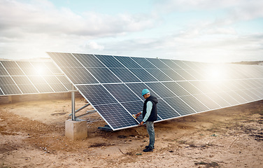 Image showing Engineering man, desert and solar panels inspection for future, renewable energy and sustainability of planet. Photovoltaic innovation, clean electricity technology and sustainable goals for earth