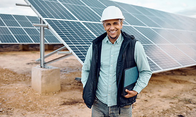 Image showing Solar environment, man and portrait of engineering industry. Happy technician, manager and renewable energy of building, future innovation and architecture of electricity, sustainability and sun grid