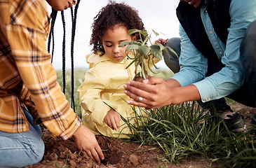 Image showing Farming family, child or planting in soil agriculture, sustainability learning or future growth planning in climate change. Man, woman or kid and green leaf plant in environment nature or countryside