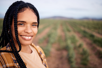 Image showing Face, smile and black woman farmer on farm for sustainable farming or growing plants. Agro portrait, agriculture business and happy female entrepreneur from South Africa in garden with mockup space.