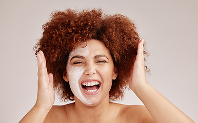 Image showing Facial mask, cream and black woman isolated on a white background of cosmetics, beauty and skincare. Crazy, fun and excited USA model in studio for dermatology results, collagen test and face product