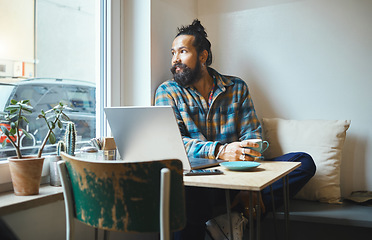 Image showing Man, laptop and coffee shop window for remote work, wifi and creative thinking working online. Entrepreneur person think of inspiration or idea at table for social media, networking and planning