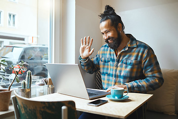 Image showing Cafe, wave or man on laptop video call planning SEO networking, conference or B2B sale. Small business or remote work employee on tech communication, social network strategy or research in restaurant