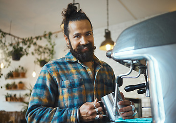 Image showing Portrait, man and barista with machine, smile and confidence with small business, worker and skills. Face, Indian male employee and entrepreneur making coffee, cafeteria and manager for restaurant