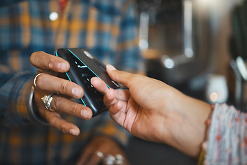 Image showing Credit card, cafe payment or hands of man, store cashier or coffee shop waiter on sale machine. B2B ecommerce shopping service, finance or customer with fintech purchase in retail restaurant business