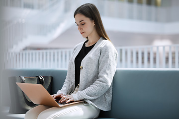 Image showing Research, library or woman on laptop for university communication or blog news with blurred background. Typing, digital or girl student on tech for networking, website search or online content review